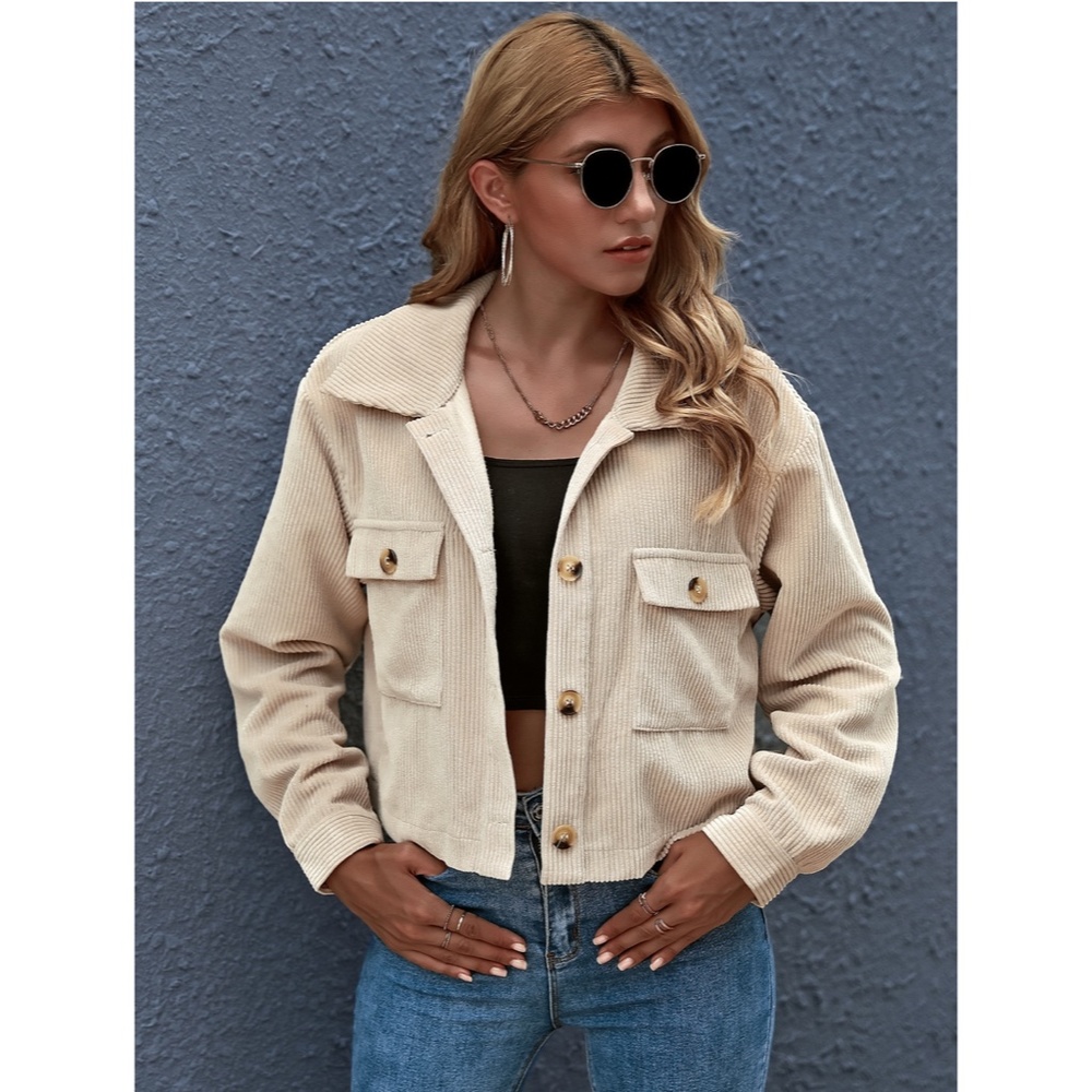 Beige Corduroy Crop Style Button Front Jacket - Picture 7 of 8